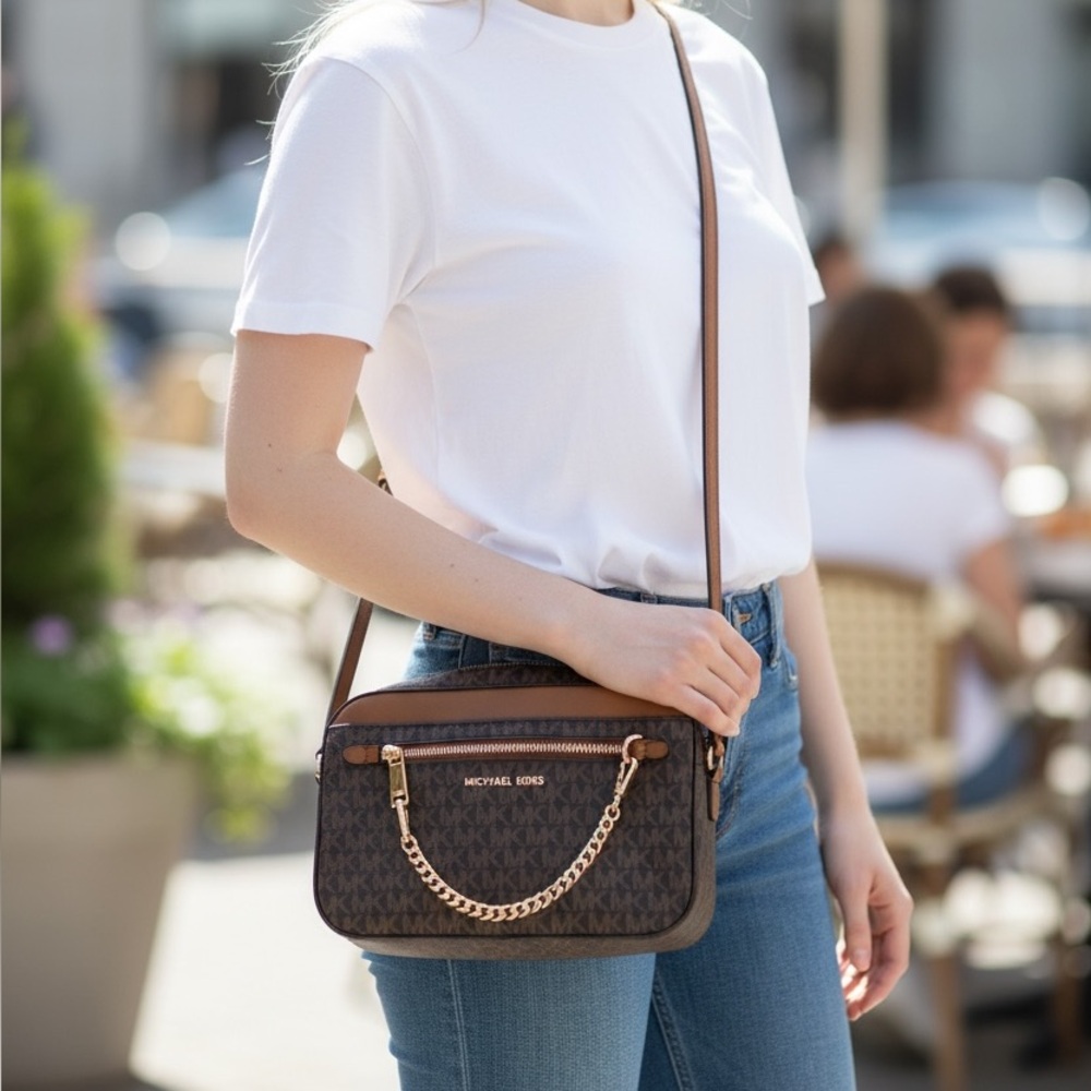 Michael Kors Jet Set Crossbody – Brown MK Logo w/ Chain Detail